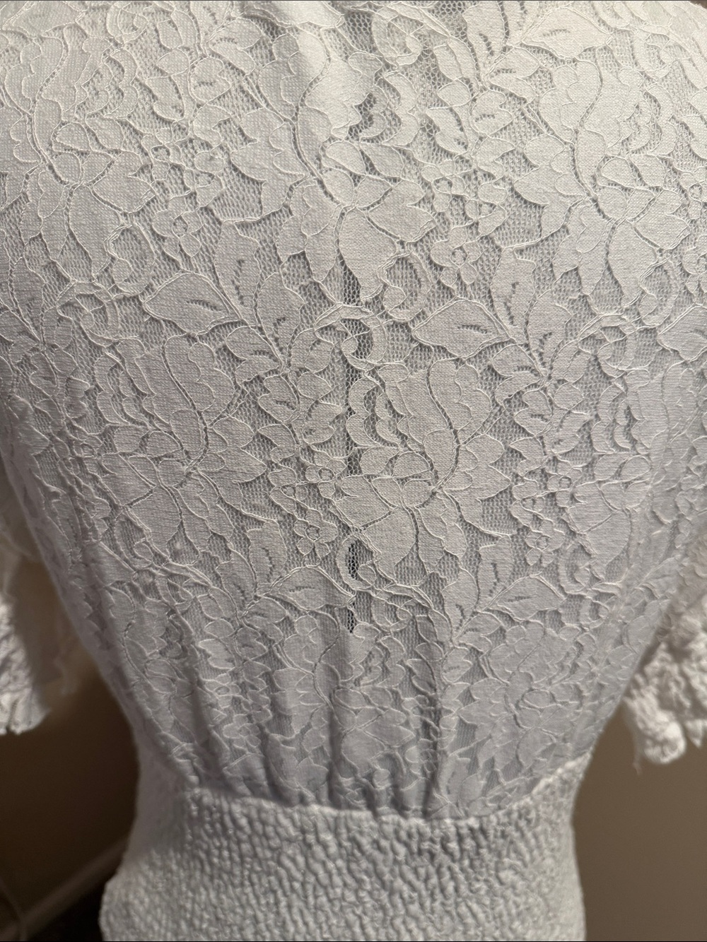 Simplee Apparel White Lace Smocked Midi Dress with Ruffle Hem - Picture 3 of 9